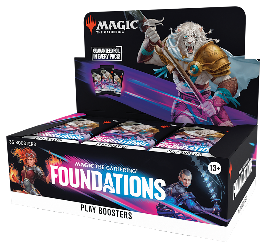 Magic The Gathering Foundations Play Booster Box display with multiple play boosters