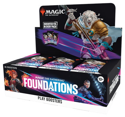 Magic The Gathering Foundations Play Booster Box display with multiple play boosters