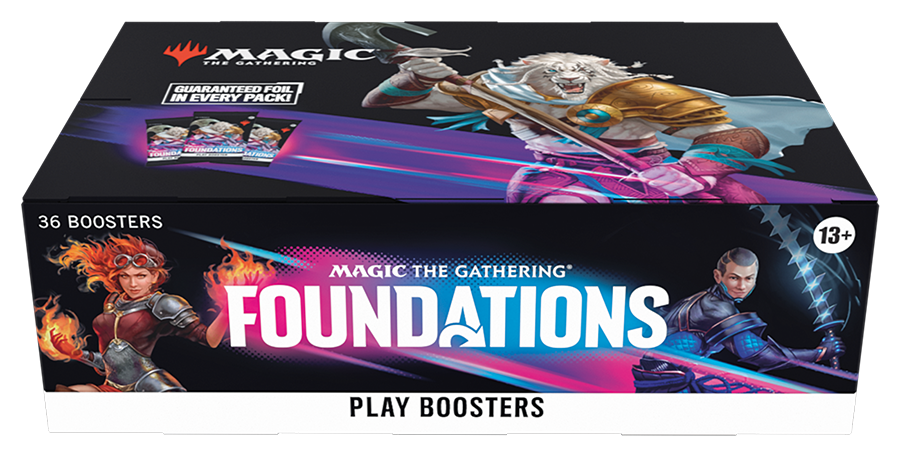 Magic: The Gathering Foundations Play Booster Box with vibrant fantasy artwork and characters