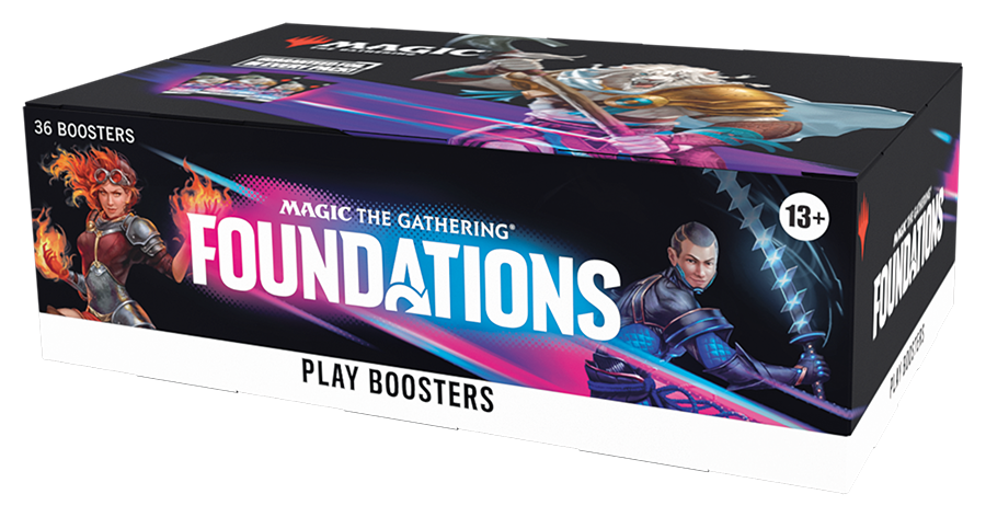 Magic: The Gathering Foundations Play Booster box featuring vibrant artwork on black packaging