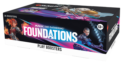 Magic: The Gathering Foundations Play Booster box featuring vibrant artwork on black packaging