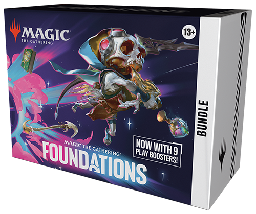 Magic The Gathering Foundations Bundle Box with colorful fantasy art and mechanical creature