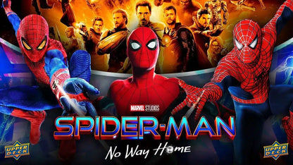 Movie poster for Spider-Man: No Way Home featuring Spider-Man figures and Marvel characters in home trading cards