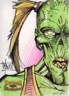 Green zombie creature with yellow hair in Zombies vs Cheerleaders sketch card by Bill Maus