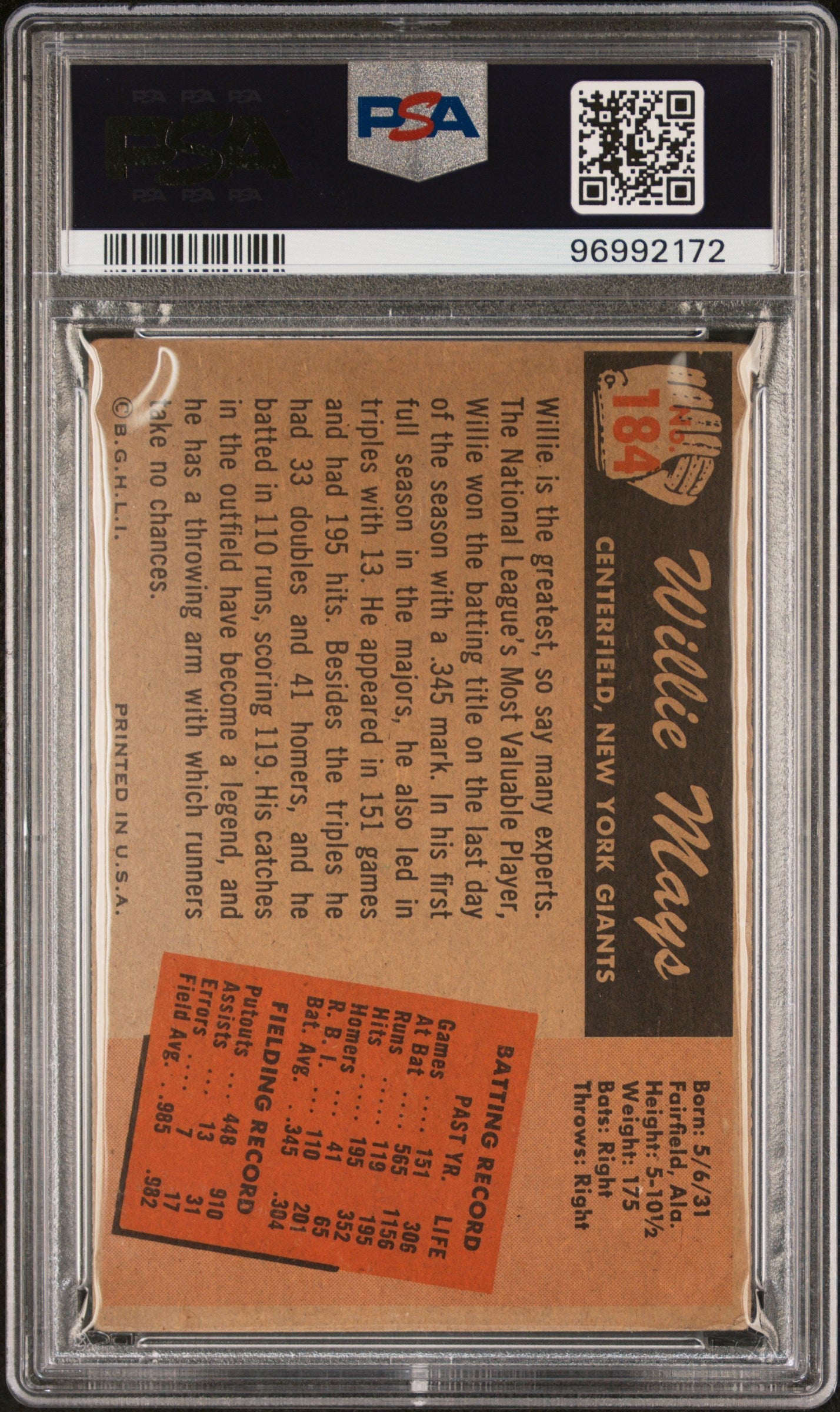 Willie Mays 1955 Bowman #184 PSA 2 Good