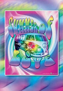 Colorful psychedelic Volkswagen van illustration on Woodstock Generation promo card