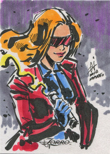 Stylized illustration of a blonde person in sunglasses and a red jacket from David Namisato sketch card