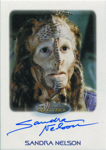 Alien-human hybrid face with markings and long hair from Women of Star Trek trading cards