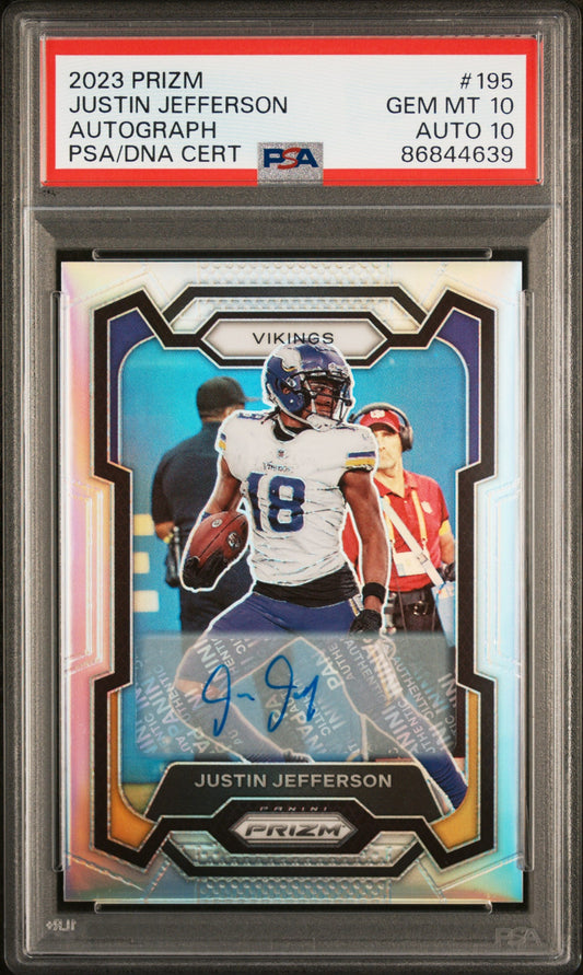 PSA-graded 2023 Prizm Justin Jefferson Panini Jefferson Auto card featuring autograph