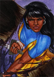 Portrait of a person in blue and yellow outfit with spear on Rhiannon Owens sketch card