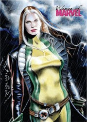 Comic book-style illustration of a woman in a superhero costume on a Women of Marvel promo card