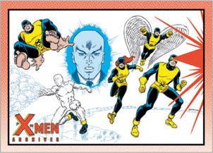 Comic book-style illustration of superheroes in yellow costumes on X-Men Archives promo card