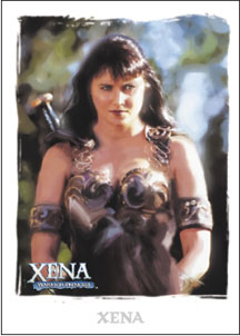 Woman in warrior costume with metallic breastplate on Xena promo card