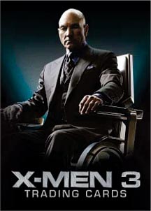 Bald man in wheelchair wearing suit on X-Men The Last Stand trading card background