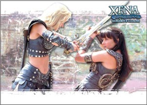 Two women in warrior costumes battling with swords on Xena promo card art