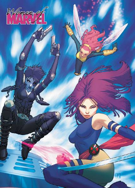 Comic book-style illustration of superheroes on Women of Marvel Series Two promo card