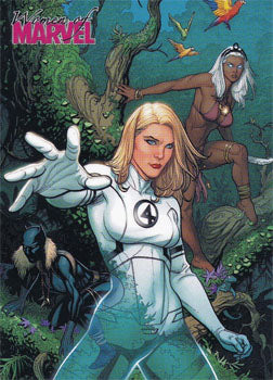 Comic book cover with female superheroes in jungle, featured on Women of Marvel promo card