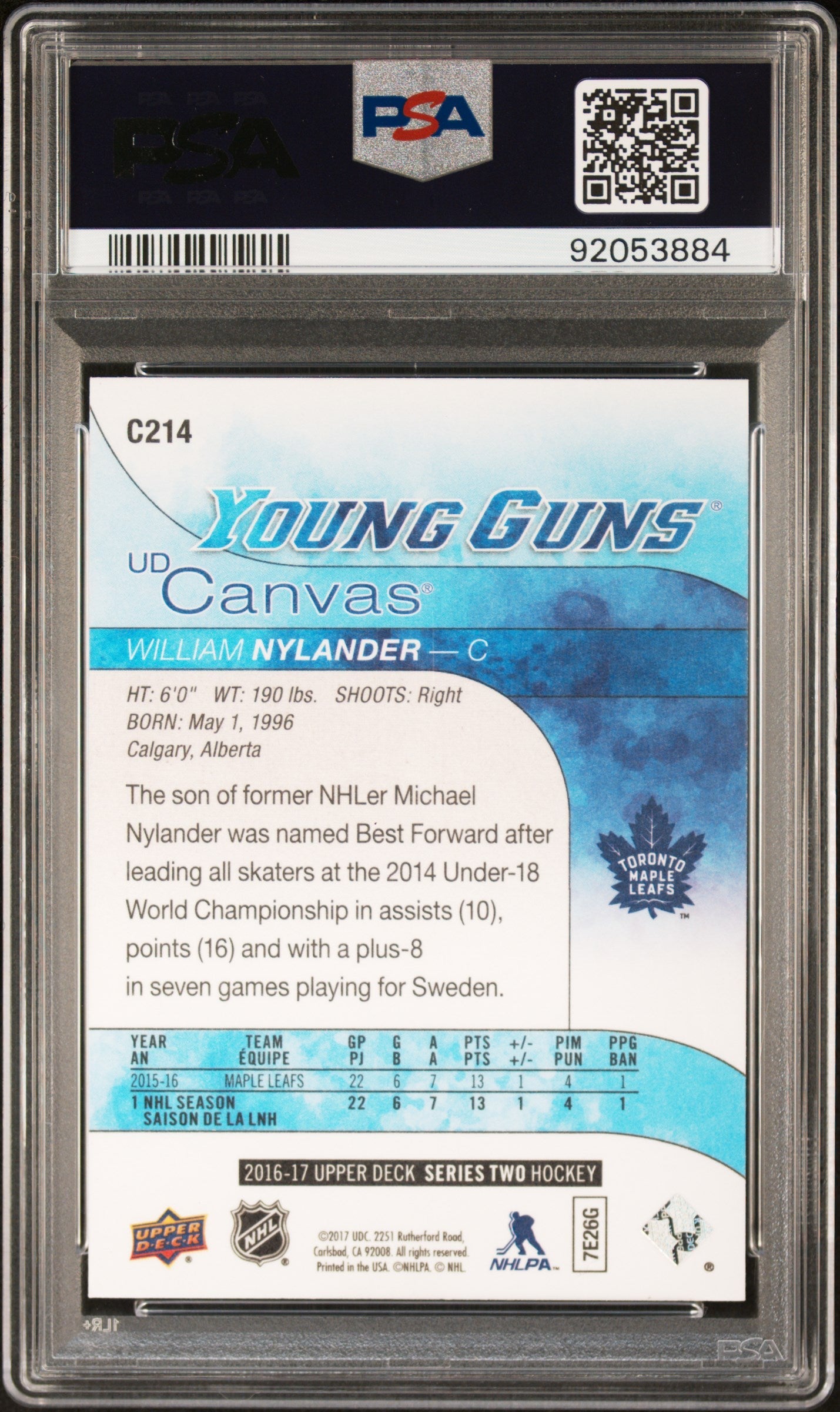 William Nylander 2016 Upper Deck Canvas #C214 PSA 10 Gem Mint