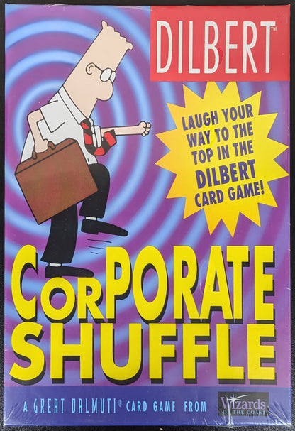 Dilbert Corporate Shuffle card game box with cartoon character on spiral background