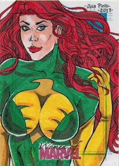 Colorful superhero illustration on Julia Pinto sketch card from Women of Marvel Series Two