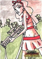 Cartoon woman in red holding a gun, featured in Spencer Platt sketch card trading cards