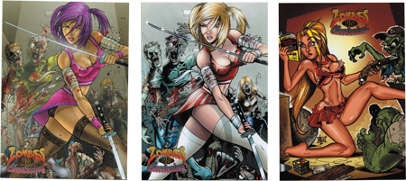 Three dynamic comic book covers showcasing female characters for Zombies vs Cheerleaders trading cards