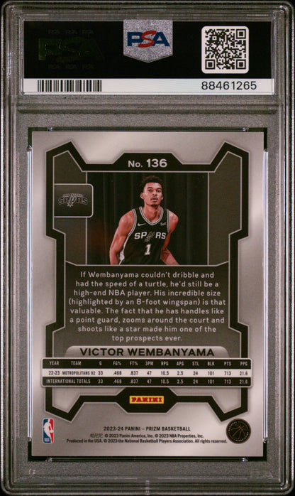 PSA 10 Gem Mint Victor Wembanyama 2023 Panini Prizm basketball trading card