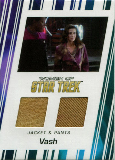 Trading card featuring Vash with costume fabric swatches from Women of Star Trek