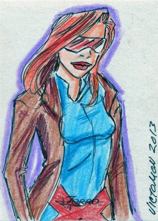 Stylized drawing of a woman in sunglasses on a Victor Rodriguez sketch card