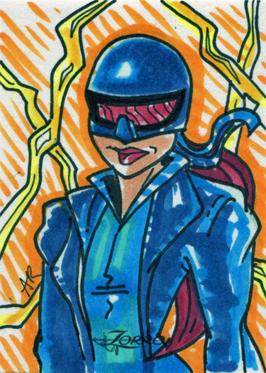 Stylized cartoon of a person in a blue helmet and sunglasses on Ana Rollins sketch card