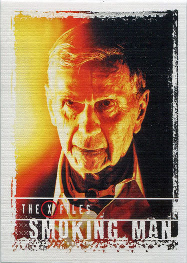 Portrait of the Smoking Man from X-Files on trading card, intense eyes and stern look