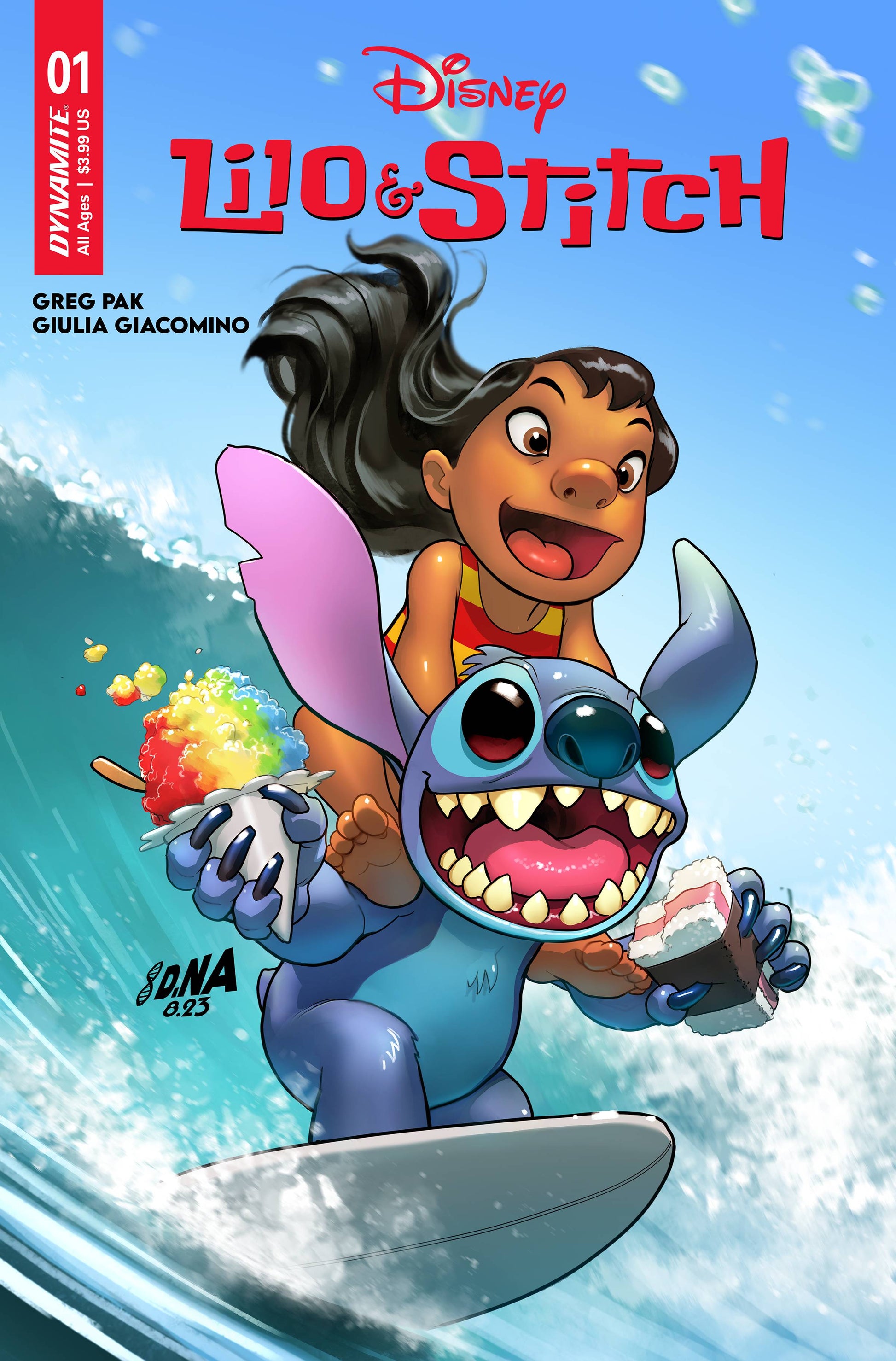 Comic book cover of Lilo & Stitch surfing, perfect for trading cards collectors