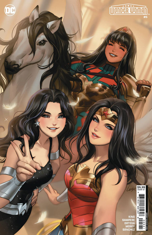 Comic book cover of Wonder Woman #5 with DC superheroines and a horse for trading cards