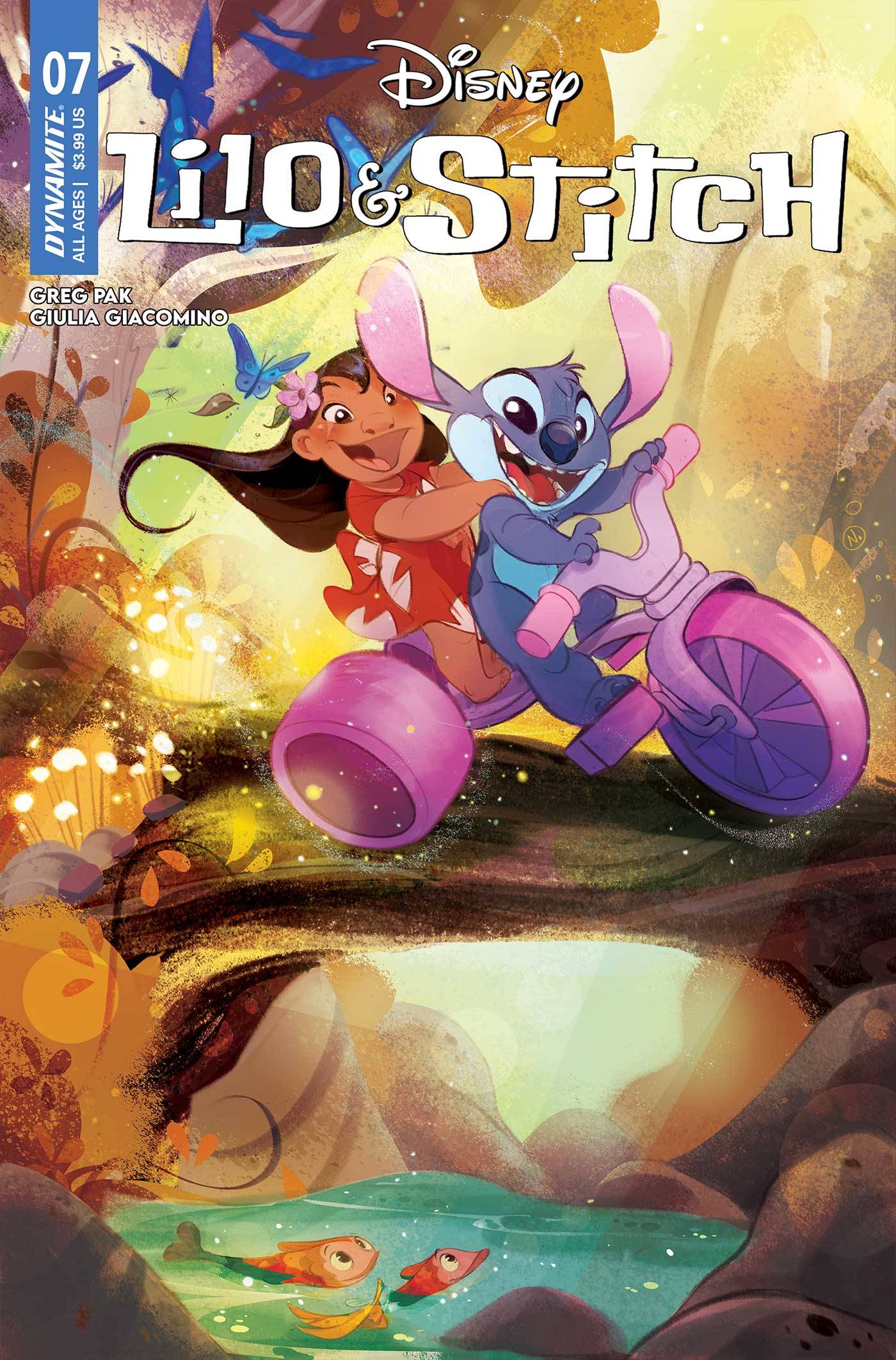 Comic book cover art for Lilo & Stitch #7 featuring Stitch on a motorcycle