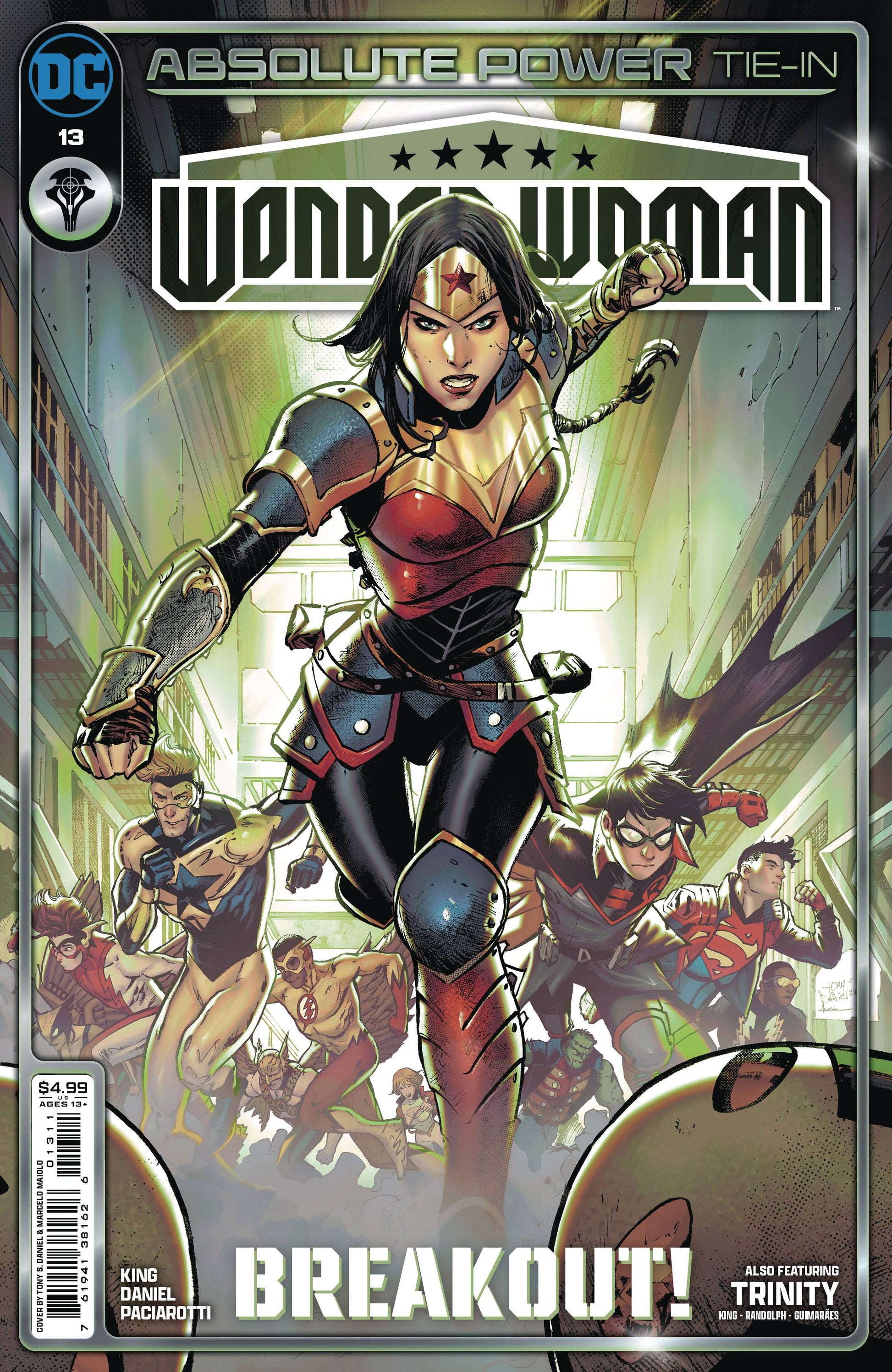 Comic book cover of Wonder Woman in action with BREAKOUT text for trading cards collection