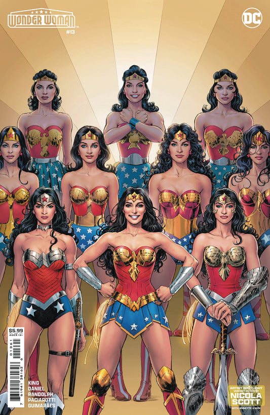 Multiple Wonder Woman figures in classic superhero costumes for trading cards display