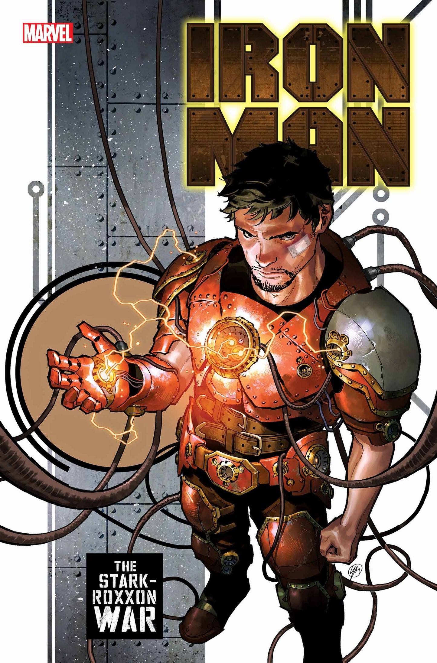 Marvel comic book cover of Iron Man in red and gold armor with glowing repulsors