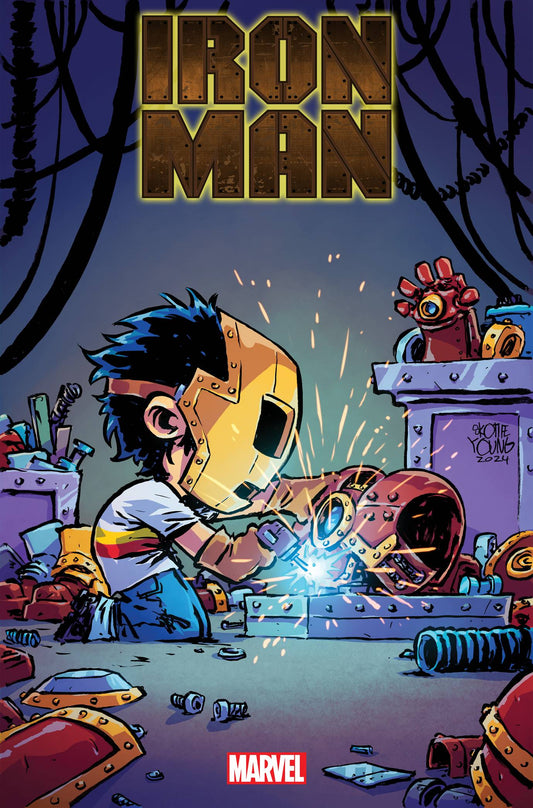 Cartoon-style Iron Man comic cover featuring character at robotics workbench for collectors