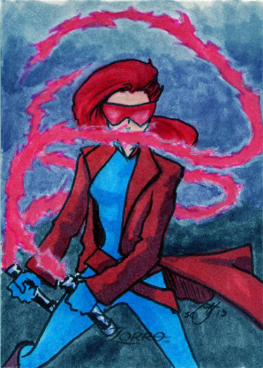 Stylized cartoon character in red coat with blue sword on Tony Scott sketch card