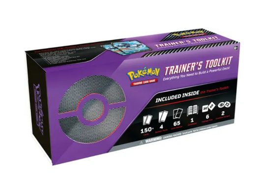 Purple and black 2022 Pokemon Trainer’s Toolkit Box with trading cards and accessories icons