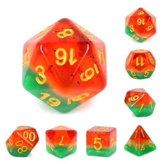 Multi-sided Watermelon RPG Dice Set in orange and green with yellow numbers, perfect for trading cards