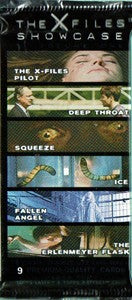 X-Files Showcase trading card pack featuring titles like The X-Files Pilot and Deep Throat