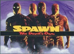 Movie poster for Spawn featuring four figures, perfect for trading cards collectors