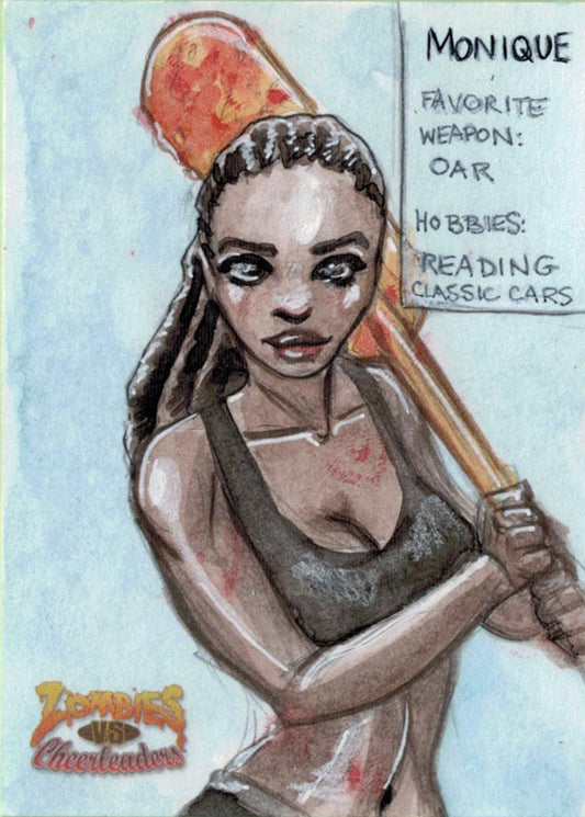 Portrait of a woman with braided hair holding an oar in Amber Stone’s sketch card