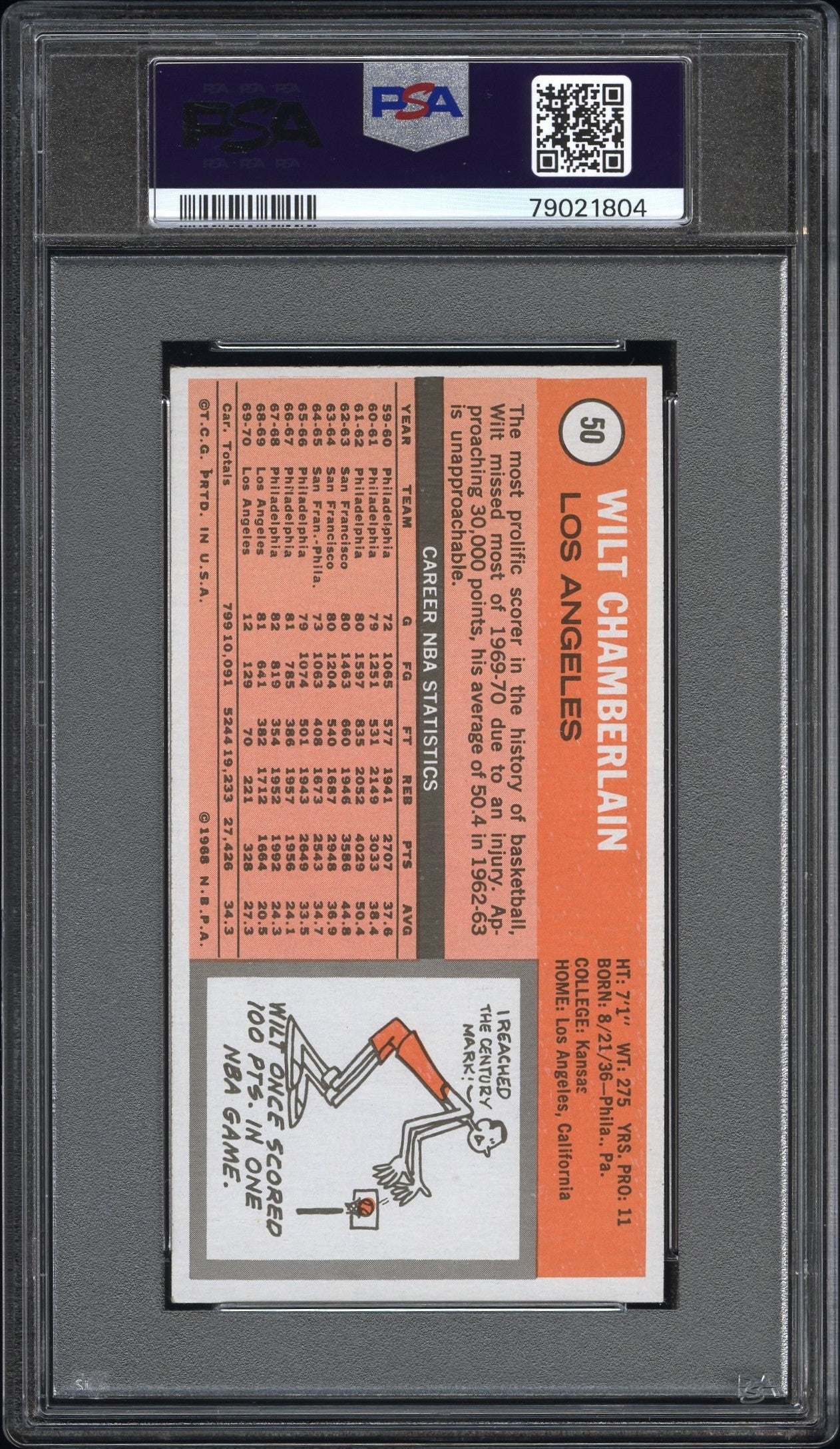 PSA-graded Wilt Chamberlain 1970 Topps #50 baseball card back with statistics and illustration