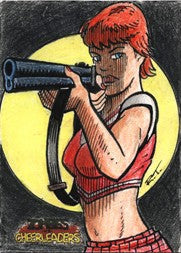 Red-haired woman in tank top aiming shotgun in Zombies vs Cheerleaders sketch card by Robin Thompson