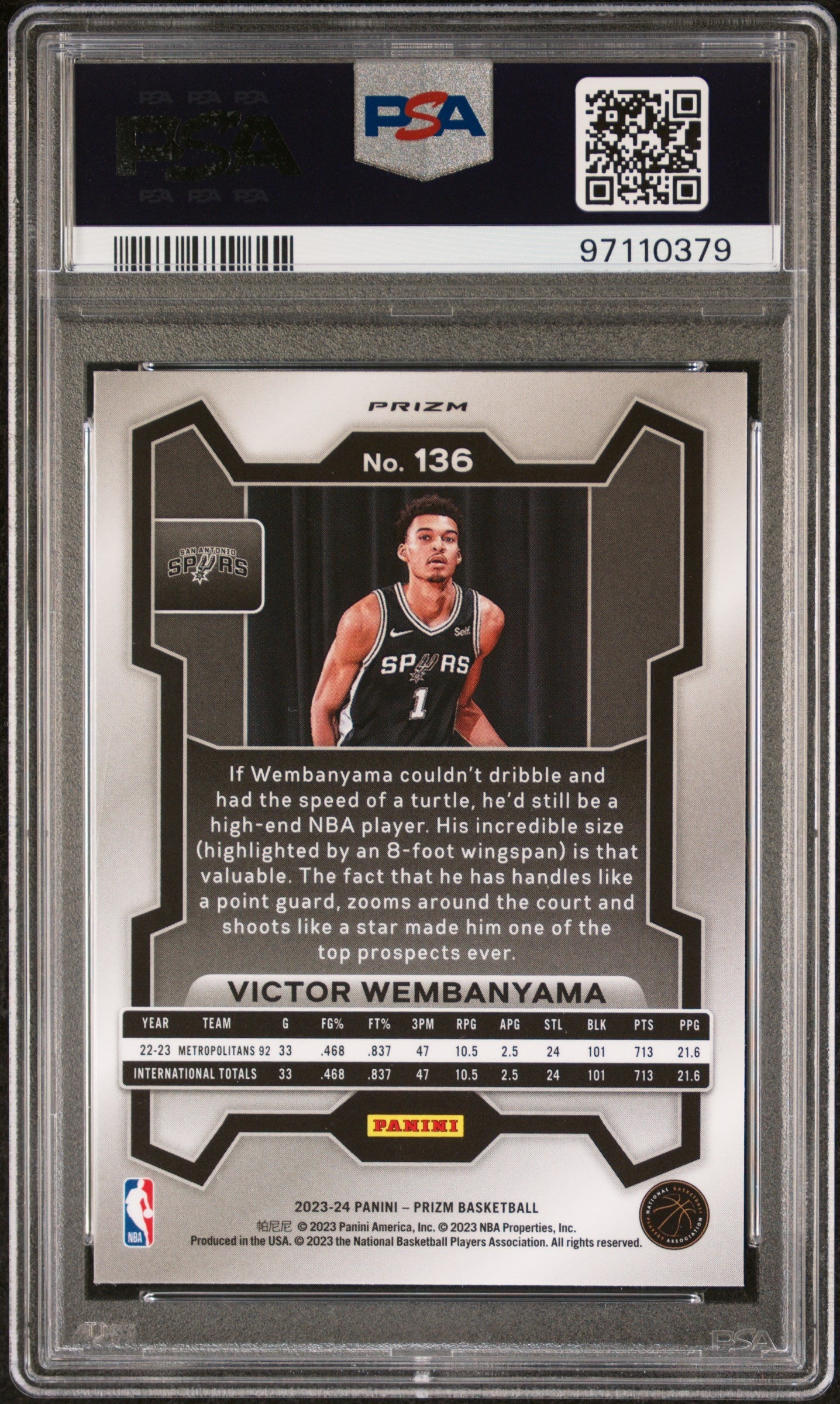 PSA 10 Gem Mint Victor Wembanyama 2023 Panini Prizm Rookie card in black Spurs uniform