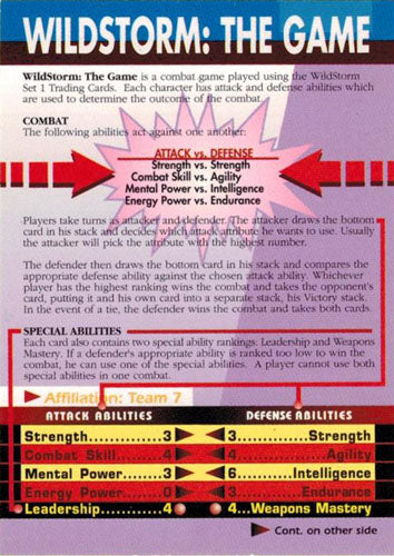 Game rules for Wildstorm: The Game featuring combat and ability statistics on a card