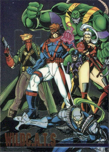 Colorful superhero characters in action on Wildstorm Set 1 promo card for trading cards