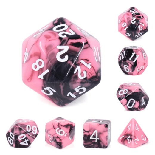 Pink and black marbled Watermelon Cream RPG Dice Set perfect for trading cards gamers